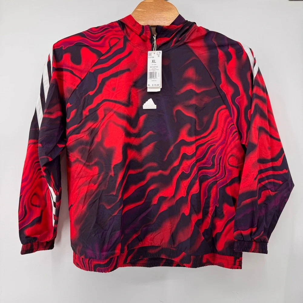 Adidas Windbreaker Men XL Red Purple All Over Print Half Zip Hooded IC3708 NEW